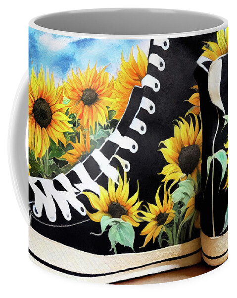 High Top Sneakers Coffee Mug featuring the painting Black High Tops And Sunflowers by Tina LeCour