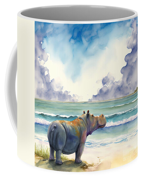 Hippopotamus Coffee Mug featuring the painting Hippopotamus At Beach by N Akkash