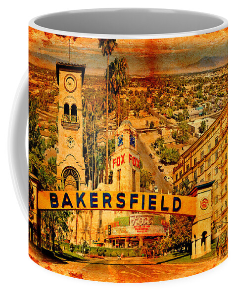 Bakersfield Coffee Mug featuring the digital art Historical buildings of Bakersfield, California, blended on old paper by Nicko Prints