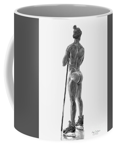 Homoerotic Coffee Mug featuring the drawing Hockey Butt #4 by Marc DeBauch