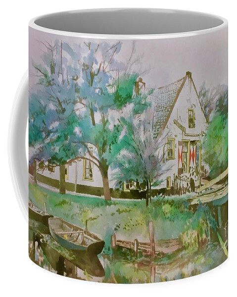 #holland #canal #tranquil #hollandtranquilcanal #watercolor #watercolorpainting #countryhouse #boats #trees #trees #glenneff $thesoundpoetsmusic #picturerockstudio #onlocationpainting Coffee Mug featuring the painting Holland Tranquil Canal by Glen Neff
