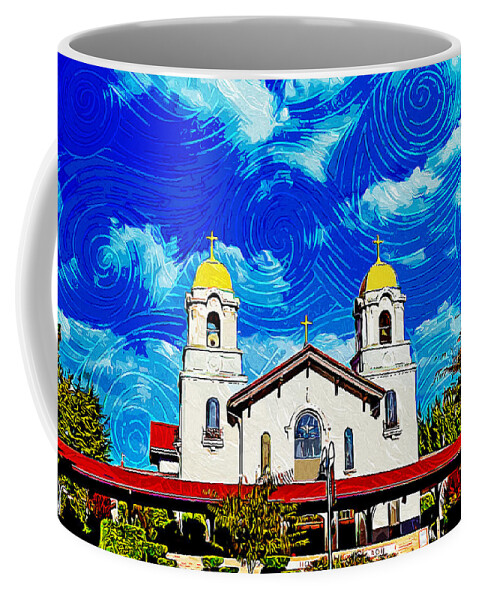 Holy Spirit Church Coffee Mug featuring the digital art Holy Spirit Church in Fremont, California - impressionist painting by Nicko Prints