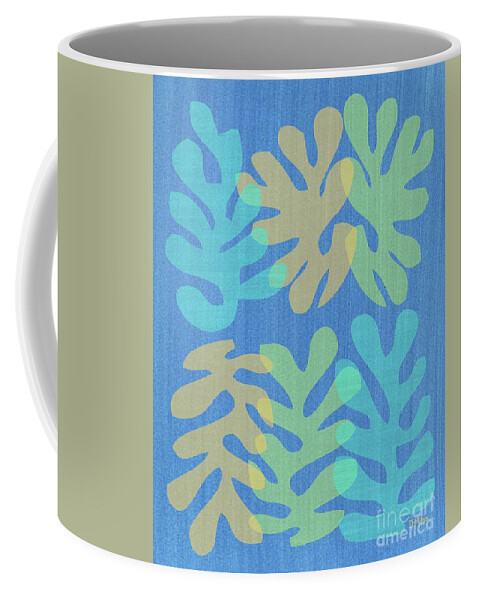 Mid Century Modern Coffee Mug featuring the mixed media Homage to Matisse on Blue by Donna Mibus
