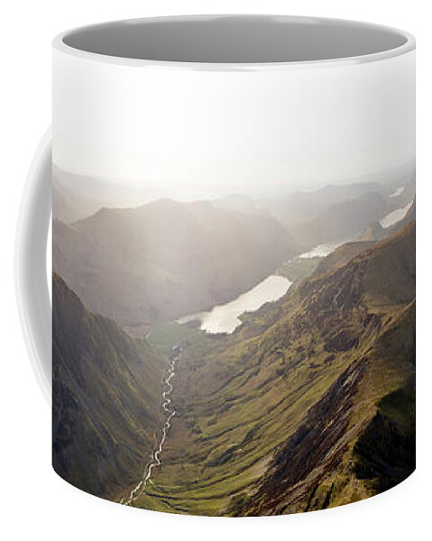 Panorama Coffee Mug featuring the photograph Honistor Pass and Buttermere Valley Aerial Lake District by Sonny Ryse