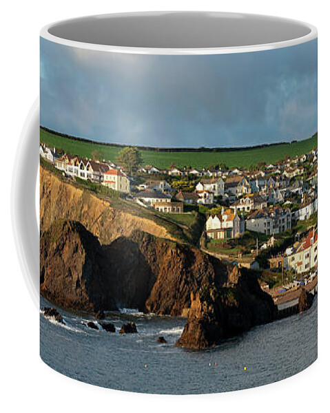 Coast Coffee Mug featuring the photograph Hope Cove village bay south devon coast panorama by Sonny Ryse