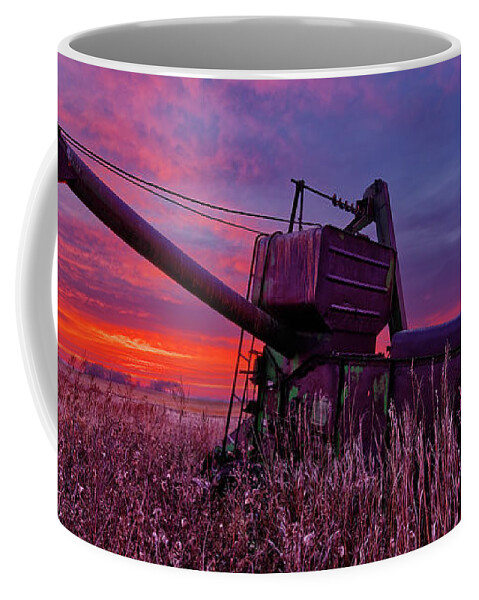 John Deere Coffee Mug featuring the photograph Hoping for Another Harvest - vintage John Deere combine before a ND sunrise by Peter Herman