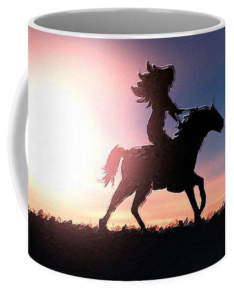 Horse Coffee Mug featuring the painting Horse Rider Sunset The West by Tony Rubino