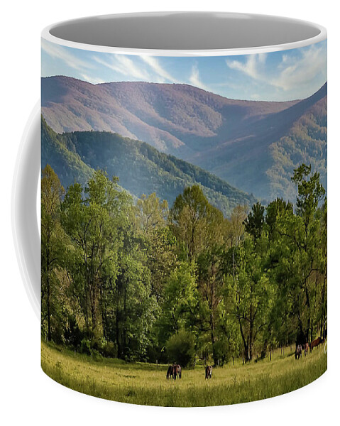 Landscape Coffee Mug featuring the photograph Horses grazing in Cades Cove by Theresa D Williams