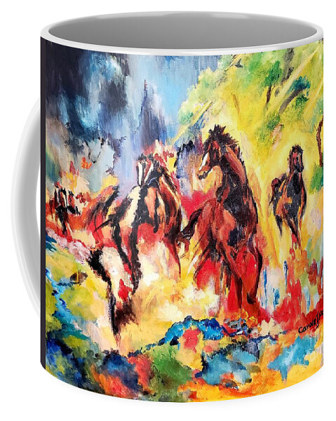 Horses Coffee Mug featuring the painting Horses in Thunderstorm by Carole Powell