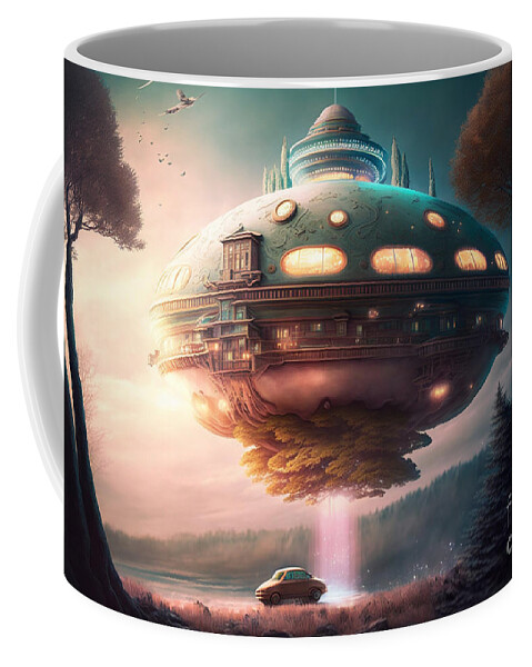 Hovering Ufo Coffee Mug featuring the mixed media Hovering UFO XII by Jay Schankman