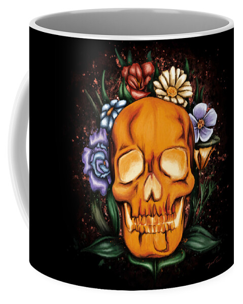 Human Skull Coffee Mug featuring the painting Human skull painting, Skull and flowers by Nadia CHEVREL
