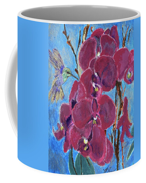 Orchids Coffee Mug featuring the painting Hummingbird in the Orchids by Melody Fowler