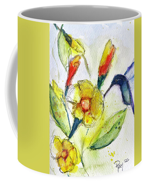 Watercolor Coffee Mug featuring the painting Hummingbird in the Tube Flowers by Roxy Rich