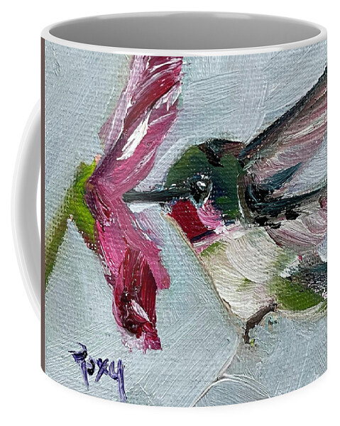 Hummingbird Painting Coffee Mug featuring the painting Hummingbird with Pink Flower by Roxy Rich