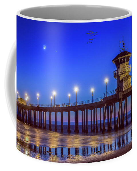 Huntington Beach Coffee Mug featuring the photograph Huntington Beach Pier Night Moon by David Zanzinger