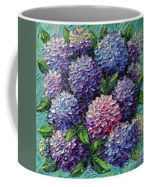 Hydrangeas Coffee Mug featuring the painting HYDRANGEAS FOR ELIZABETH commissioned palette knife oil painting by Mona Edulesco