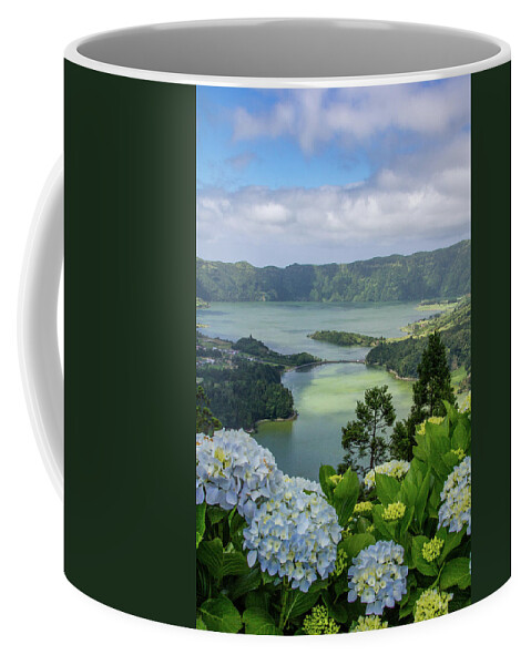 Hydrangea Coffee Mug featuring the photograph Hydrangeas Overlooking Sete Cidades Vertical by Denise Kopko