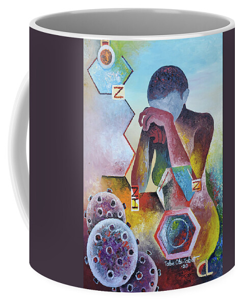 Covid-19 Coffee Mug featuring the painting Hydroxychloroquine - The Covid-19 Debacle by Obi-Tabot Tabe