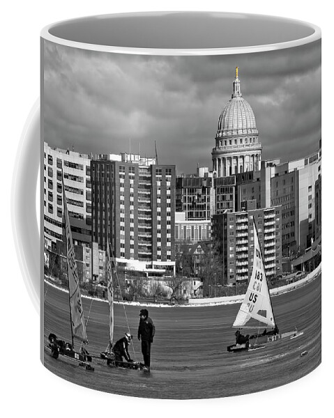 Ice Boats Coffee Mug featuring the photograph Ice boats and Capitol, Madison, Wisconsin by Steven Ralser