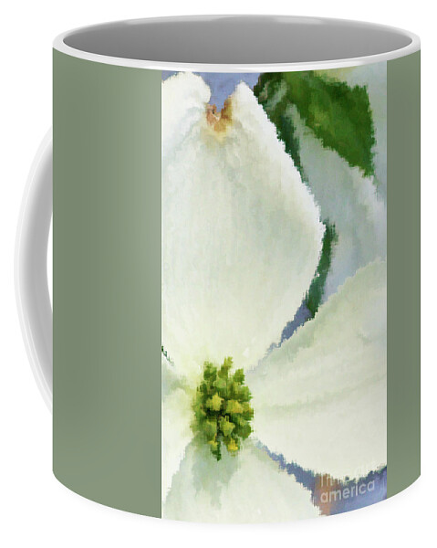 Dogwood; Dogwood Blossom; Blossom; Flower; Impressionist; Macro; Close Up; Petals; Green; White; Blue; Calm; Square; Pastel; Leaves; Tree; Branches Coffee Mug featuring the digital art Impression Dogwood 4 by Tina Uihlein