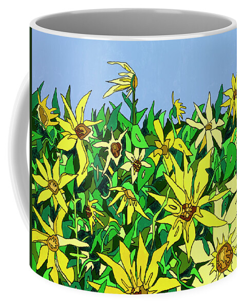 Sunflowers Long Island Summer Flowers Sun Coffee Mug featuring the painting In Northfork Gardens by Mike Stanko