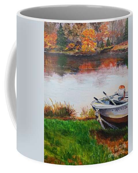 Boat Lake Pond Fall Trees Fishing Boating Drydock. Coffee Mug featuring the painting Indiana Drydock by Carole Powell