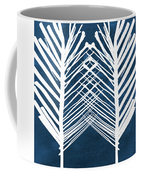 Leaves Coffee Mug featuring the painting Indigo and White Leaves- Abstract Art by Linda Woods
