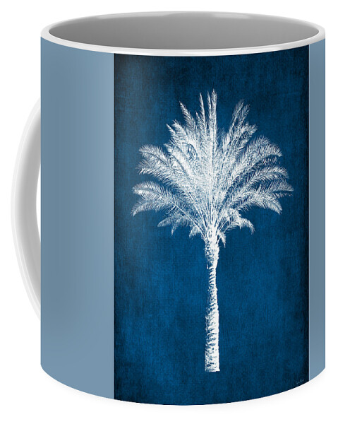 Palm Tree Coffee Mug featuring the mixed media Indigo and White Tall Palm Tree- Art by Linda Woods by Linda Woods