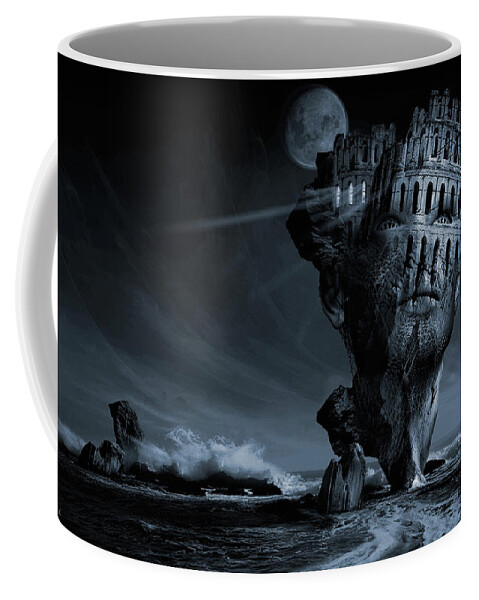 Romantic Idealistic Phantasmagoric Digital Poster Limited Edition Giclee Art Print Metaphorical Allegorical Symbolic. Horizon Sea Stone Rock Face Architecture Wave Landscape Scenery Philosophical Thoughtful Idealistic Art Surrealism Digital Picture Blue Photo-manipulation 3d Matte Painting Photography Surreal Surrealistic Coffee Mug featuring the digital art Insomnia or Nocturnal Awakening by George Grie