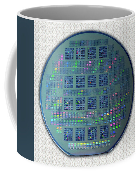 Intel Coffee Mug featuring the photograph Intel 4001 ROM CPU Silicon Wafer Chipset Integrated Circuit, Silicon Valley 1971 by Kathy Anselmo