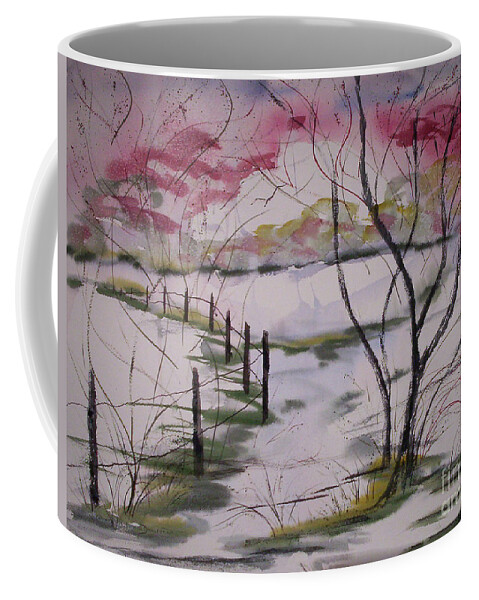 Red Winter Flowers Coffee Mug featuring the painting Flowering Red Buds in Spring -- On My Way --- in North Carolina by Catherine Ludwig Donleycott
