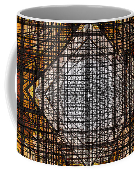 Architecture Coffee Mug featuring the digital art Intersecting Geometric Lines of Glass and Steel at Sunset by Neece Campione
