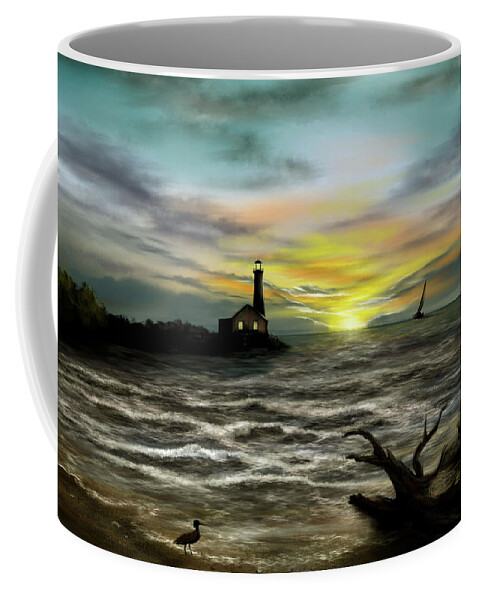 Illustration Coffee Mug featuring the digital art IPad Painting - Lighthouse Sunset by Ron Grafe