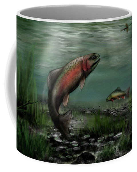 Illustration Coffee Mug featuring the digital art IPad Painting - Trout Attacking Fly by Ron Grafe