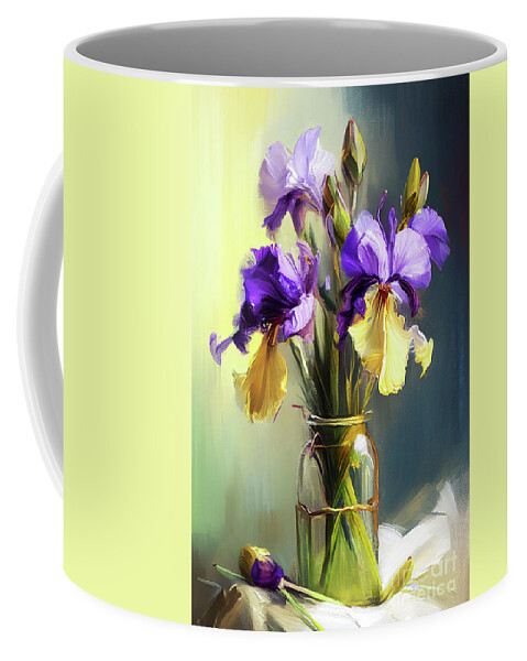 Irises Coffee Mug featuring the mixed media Irises by Binka Kirova