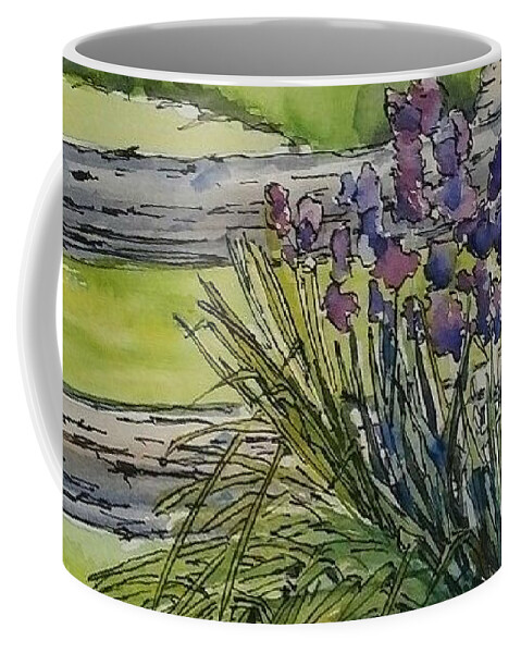 Rustic Garden Coffee Mug featuring the painting Irises by Sheila Romard