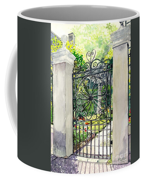 Iron Coffee Mug featuring the painting Iron Wheel gate by Merana Cadorette