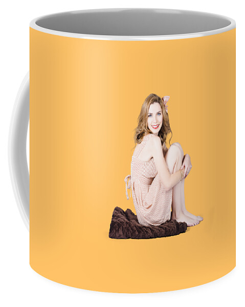 Beauty Coffee Mug featuring the photograph Isolated pinup girl sitting on soft blanket by Jorgo Photography
