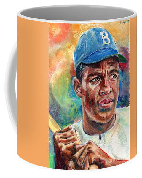 Jackie Robinson Coffee Mug featuring the painting Jackie Robinson In Game by Suzann Sines