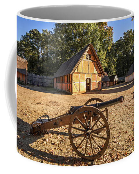 Jamestown Coffee Mug featuring the photograph James Fort Cannon and Church - Oil Painting Style by Rachel Morrison