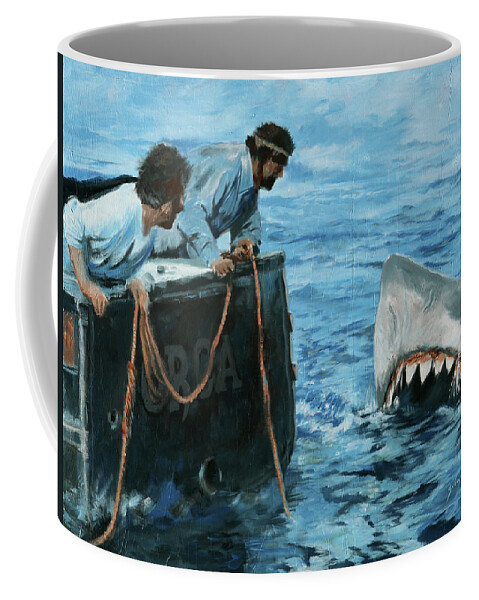 Jaws Coffee Mug featuring the painting Jaws tribute - A bigger boat by Sv Bell
