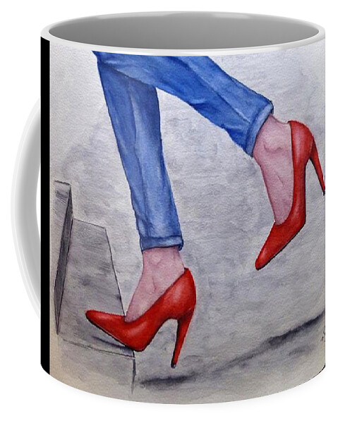 Jeans Coffee Mug featuring the painting Jeans and Red Heels by Kelly Mills
