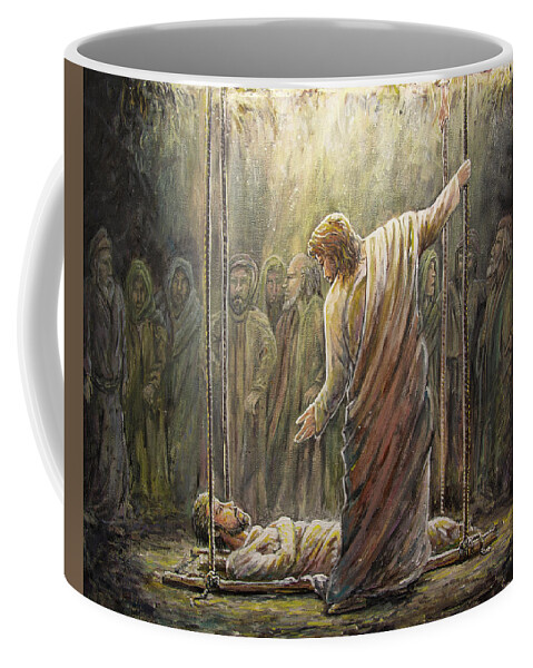 Jesus Coffee Mug featuring the painting Jesus Heals a Paralyzed Man by Aaron Spong