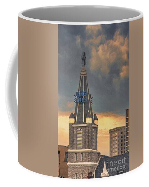 Jesus Saves Coffee Mug featuring the photograph Jesus Saves Church Steeple by Andrea Anderegg