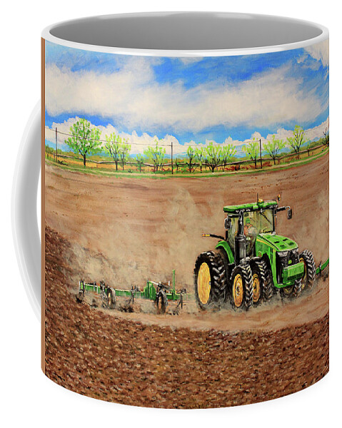 Farming Coffee Mug featuring the painting John Deere 8345R Tractor Pulling a Cultivator by Karl Wagner