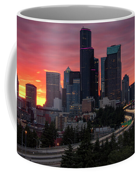 Seattle Coffee Mug featuring the photograph Jose Rizal Bridge Cityscape Sunset by Matt McDonald