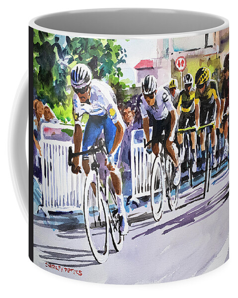 Letour Coffee Mug featuring the painting JulianAlaphilippeMakesTheBreak by Shirley Peters