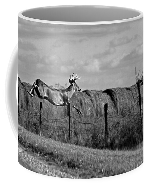Buck Coffee Mug featuring the photograph Jumping Buck in Black and White by Angela Murdock