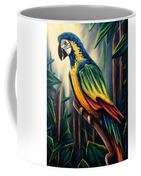 Bird Coffee Mug featuring the painting Jungle parrot painting, colorful macaw by Nadia CHEVREL