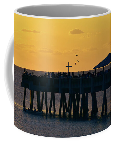 Juno Beach Pier Coffee Mug featuring the photograph Juno Beach Pier Easter Sunset Pigeon Inflight by Kim Seng